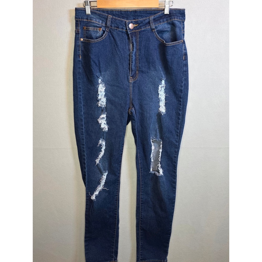 B.O.B. Jeans Womens 2X Dark Wash Distressed Ripped Skinny Jeans High Rise Denim